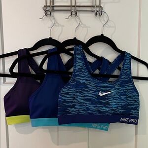Nike Pro Sports Bras - set of 3 - Purple, Blue and Blue Patterned